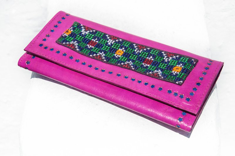 レザーロングウォレットロングウォレット小銭入れ織りウォレット-インドの砂漠の手刺繍レザーピーチウォレット - 財布 - 革 ピンク