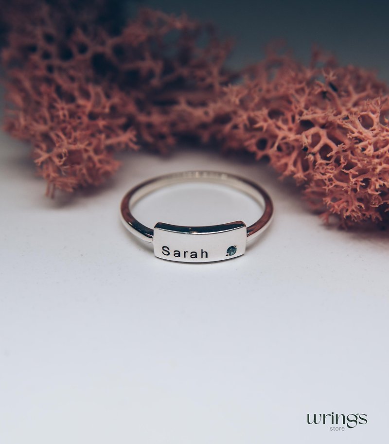 Engraved Custom Name Ring for Women with Swiss Blue Flat Head - 戒指 - 純銀 銀色
