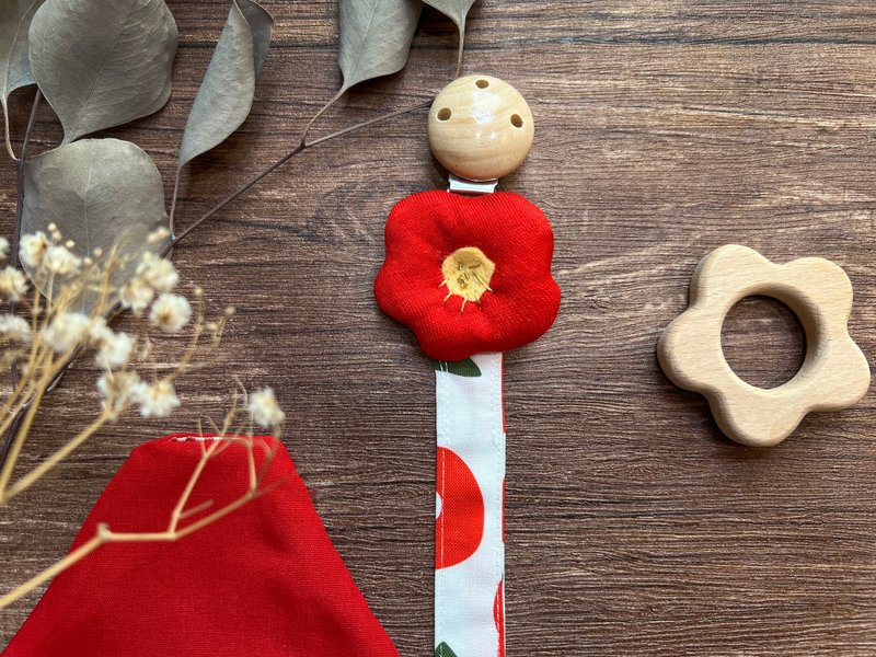 椿花 山茶花 ツバキ 造型奶嘴鍊 固齒器 防塵收納 - 奶瓶/奶嘴 - 棉．麻 紅色