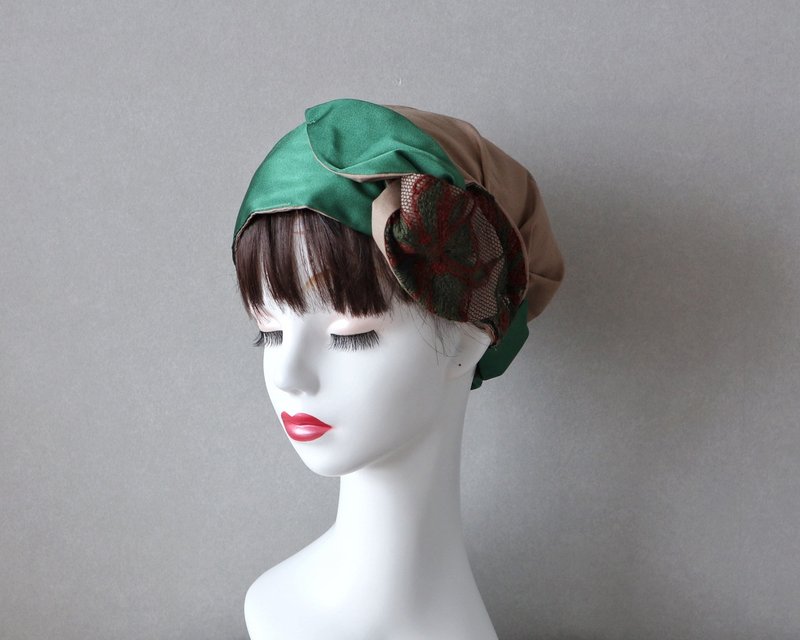 Autumn botanical pattern & green sash ribbon and French beige hair turban Medical hat/care hat Care cap - Hair Accessories - Cotton & Hemp Green