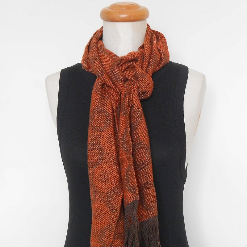 Woven handmade scarf-100% merino wool scarf 17 dark coffee x orange - Knit Scarves & Wraps - Wool Orange