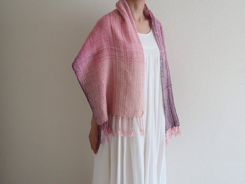 手織りストール　リネンコットン　あじさい　ギフト　Shawl (S) 46　入學   畢業　母親節　禮物　生日禮物 - 絲巾 - 棉．麻 粉紅色