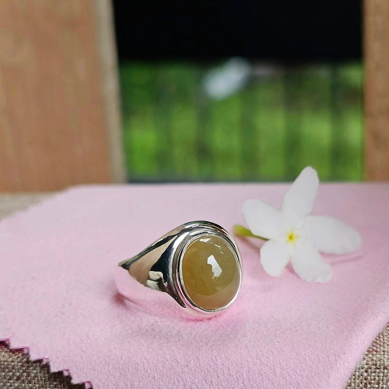 Rare Yellow Honey Jade Ring Translucent 925 Silver Band Cz Natural Ring Size 58 - General Rings - Jade Yellow