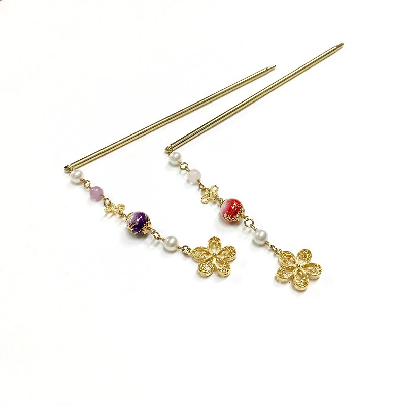 【Shihua】Fendai. Japanese Tang grass beads tassel hairpin. Smudges thin red/deep purple. Kimono Hair Accessories - เครื่องประดับผม - เรซิน สีแดง