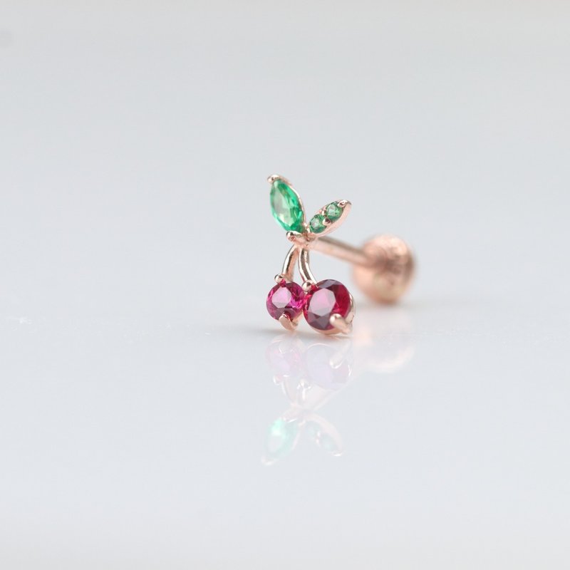 14K Cherry Piercing 櫻桃鎖珠耳環(單個)耳骨 耳窩 不退色 - 耳環/耳夾/耳骨夾 - 貴金屬 金色