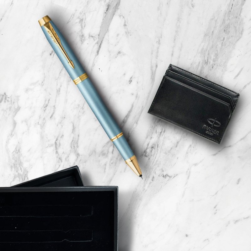 PARKER New IM Series Aqua Blue Ball Pen Cow Card Holder Gift Box Free Engraving - ไส้ปากกาโรลเลอร์บอล - วัสดุอื่นๆ สีน้ำเงิน