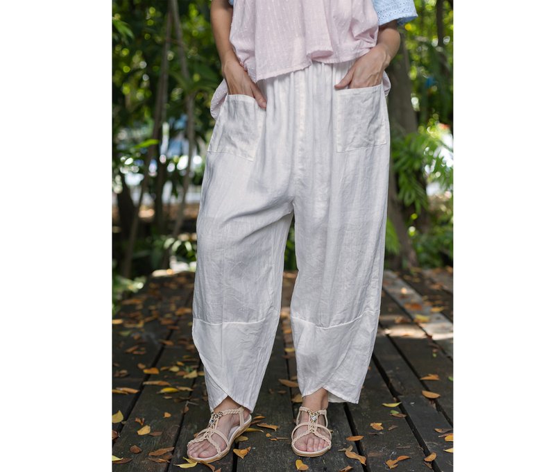White oversized linen pants with lining, elastic waist, loose harem pants - 女長褲 - 亞麻 白色