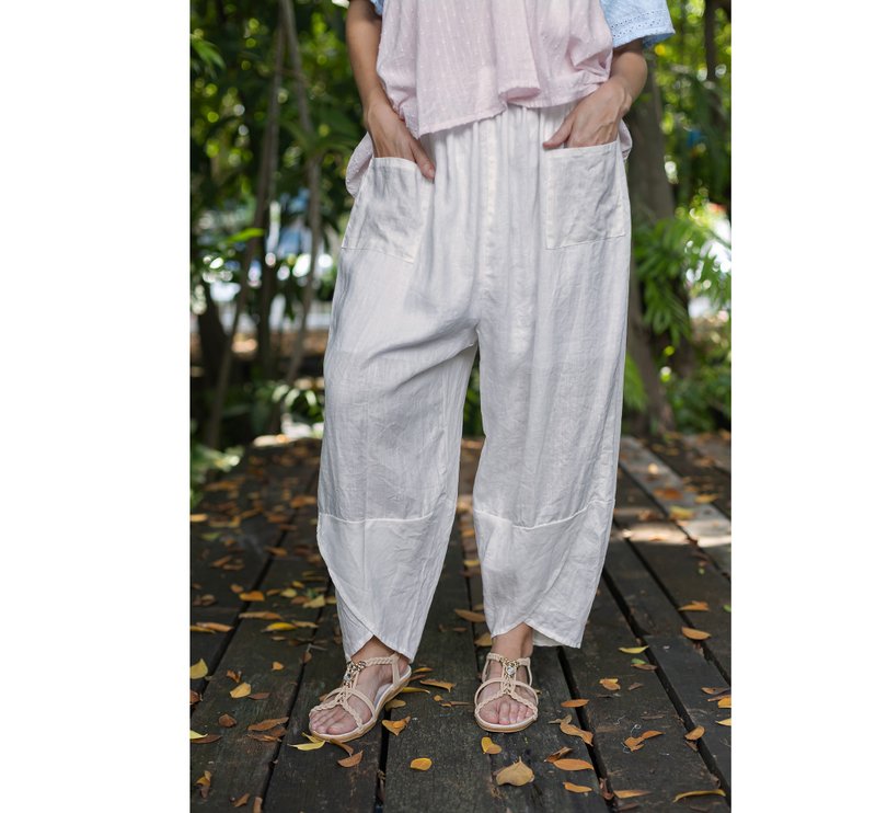 White oversized linen pants with lining, elastic waist, loose harem pants - Women's Pants - Linen White