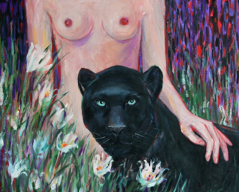Panther ภาพวาดภาพวาดสีน้ำมัน 40x50 ซม.ศิลปะสัตว์สีดำเสือดาว Portrait - วาดภาพ/ศิลปะการเขียน - วัสดุอื่นๆ สีดำ