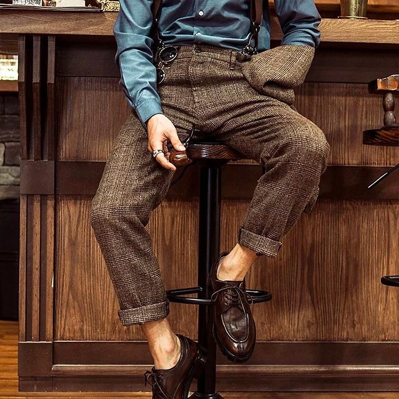 SOARIN British retro plaid slim straight business suit pants (93F227) - Men's Pants - Polyester Khaki