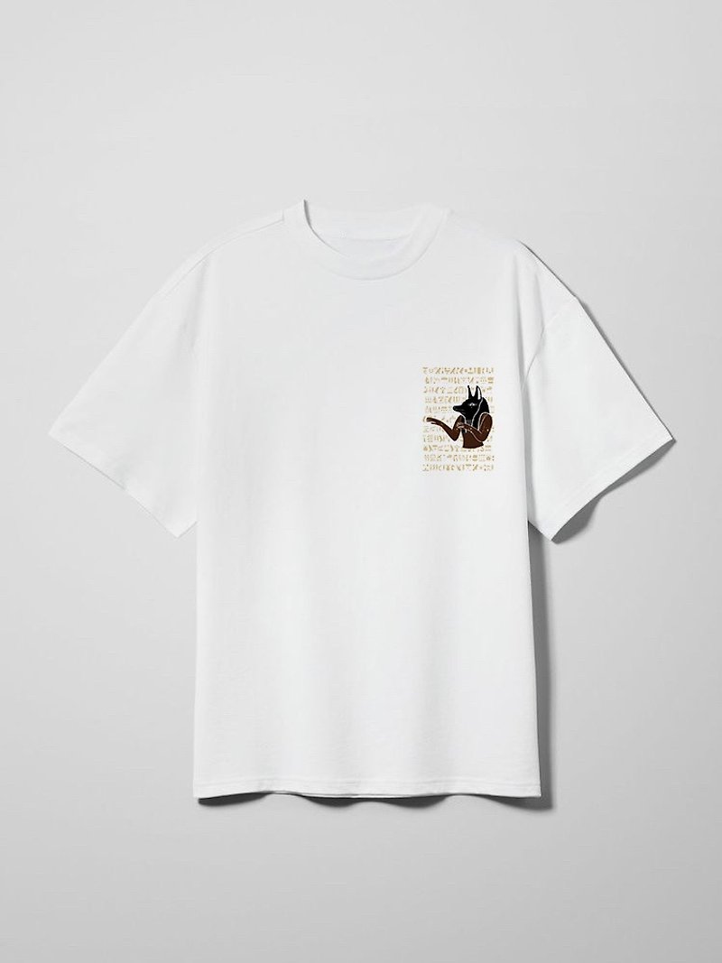 Anubis print+ hand embroidery t shirt, unisex, varied sizes, 100%cotton - เสื้อยืดผู้ชาย - ผ้าฝ้าย/ผ้าลินิน ขาว