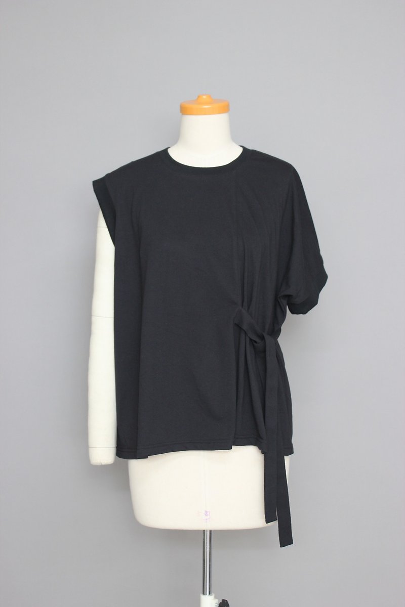 Knit crew neck asymmetric tie top - Women's T-Shirts - Cotton & Hemp Black