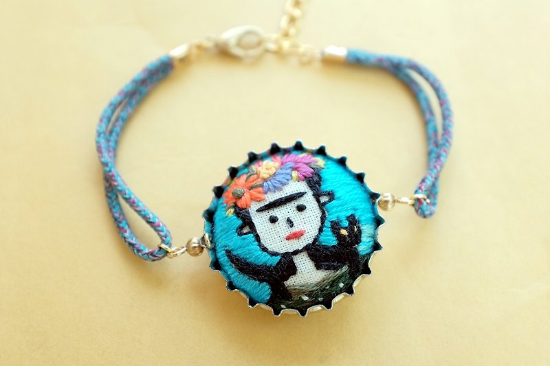 by.dorisliu Recycling Bottle Cap-Frida & Cat Hand Embroidered Bracelet - Bracelets - Thread Blue