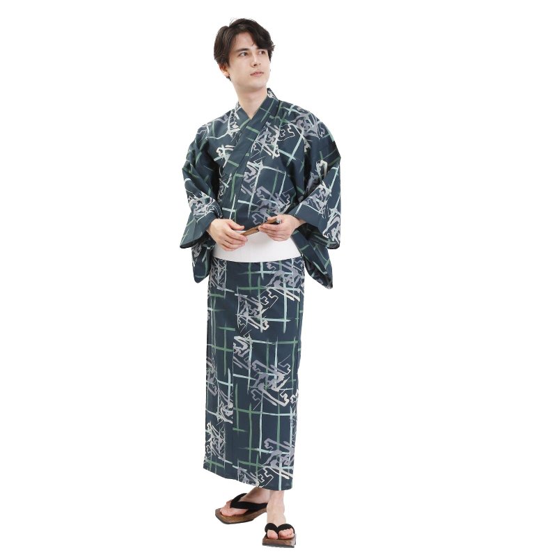 日本 和服 男士 綿 浴衣 腰封 2 件 套組  S M L Z32-04C - 其他 - 棉．麻 藍色