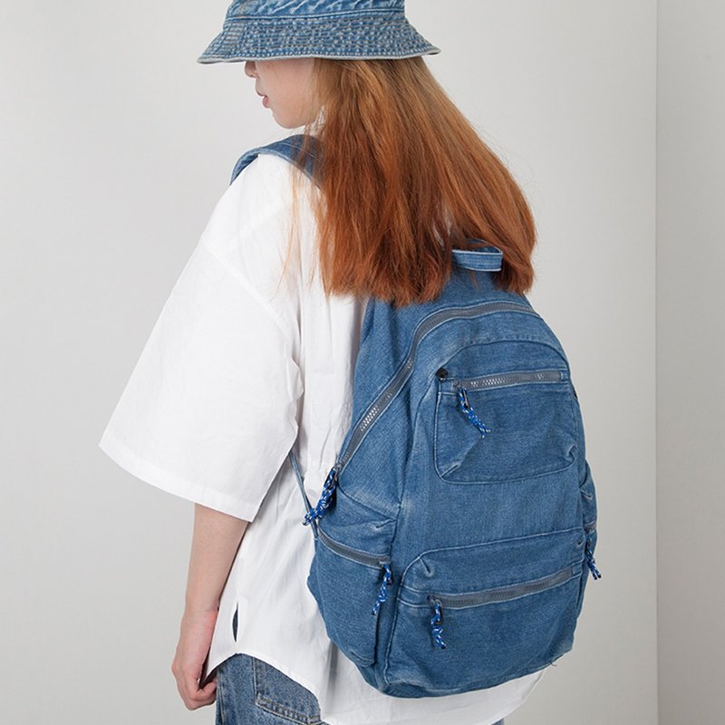 YIZISTORE original casual large-capacity backpack female retro washed denim backpack high school student schoolbag - Backpacks - Other Materials 