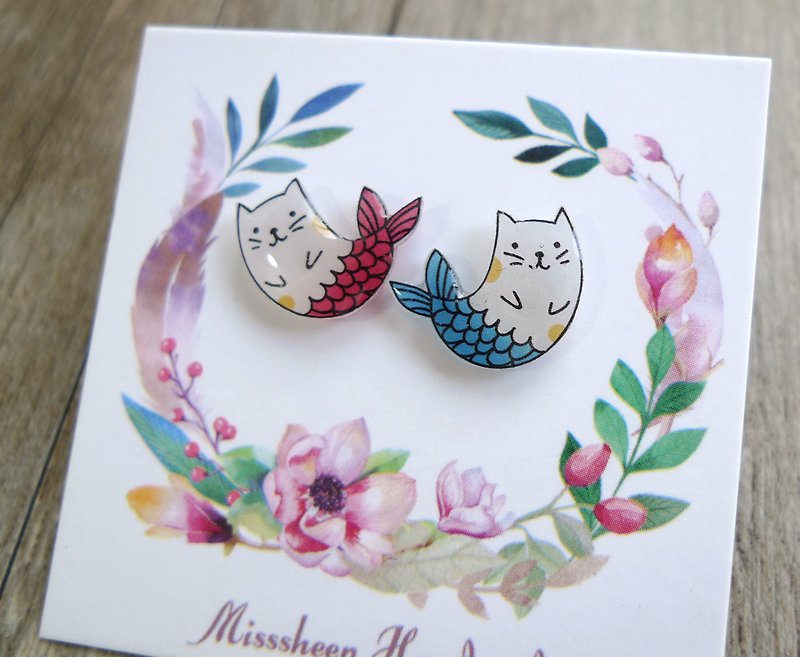 Misssheep-U54 red and blue cat mermaid hand made earrings (ears / ear clips) - ต่างหู - พลาสติก 