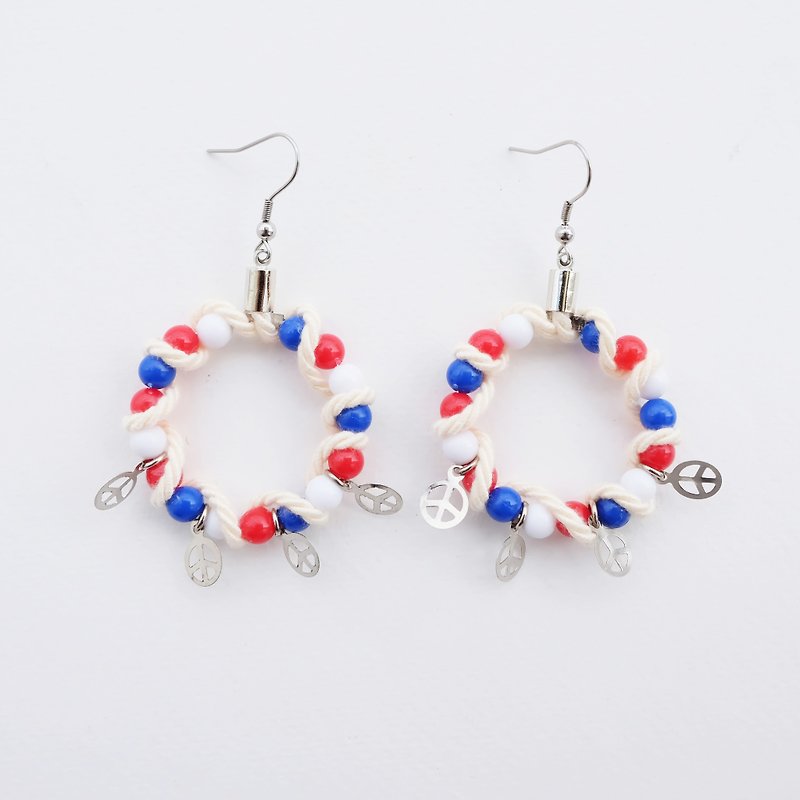 Bead hoop earrings with cream rope and peace - 耳環/耳夾 - 其他材質 藍色