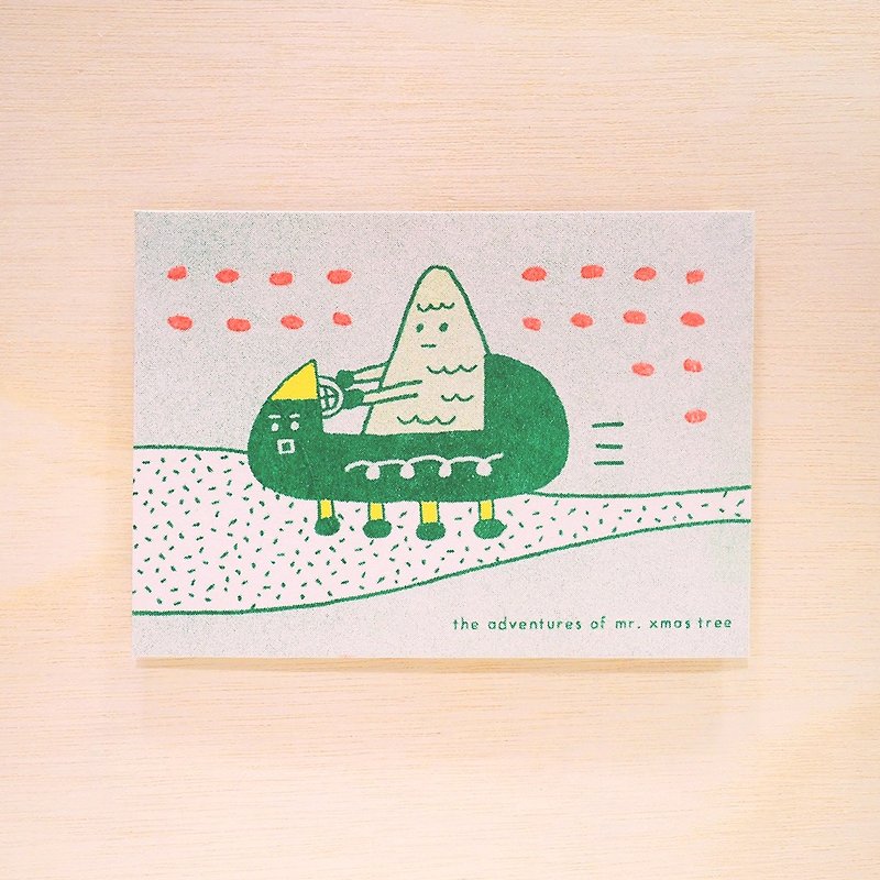 綠綠聖誕樹先生開雪撬 / 聖誕卡 / 孔版印刷 - 卡片/明信片 - 紙 綠色