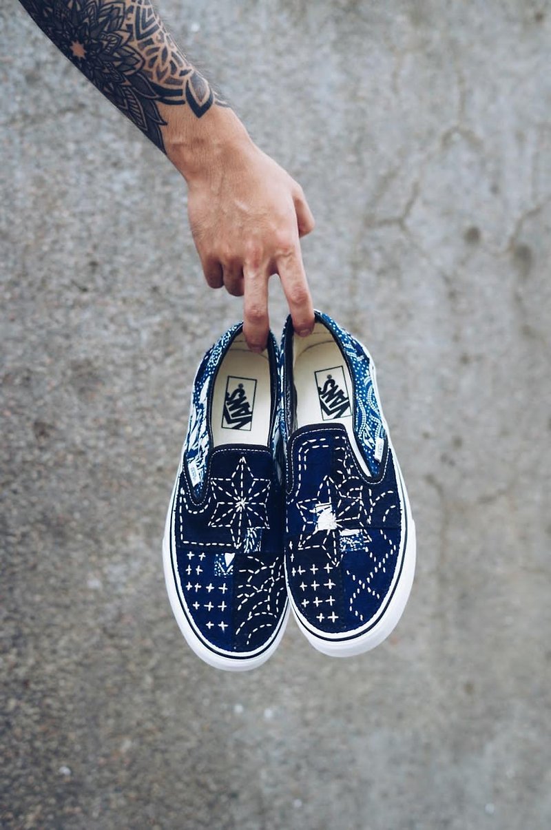 Blue dyed embroidery patchwork Vans Slip On