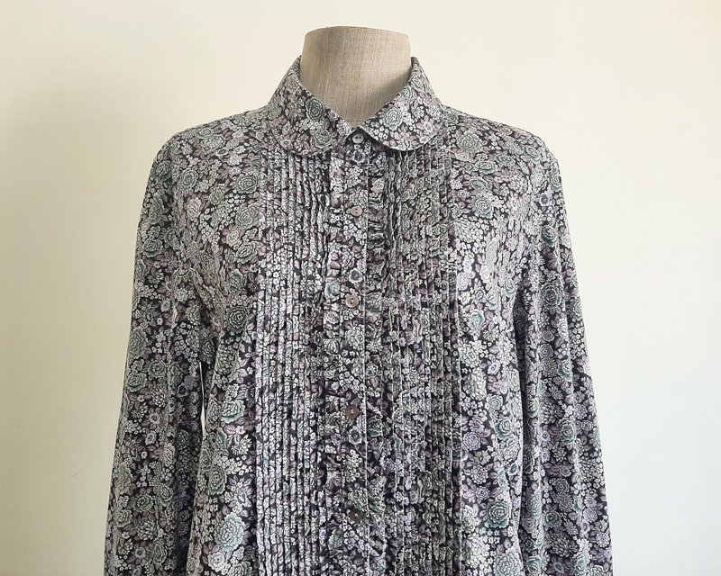 Vintage Green Purple Floral Print Shirt - Women's Tops - Cotton & Hemp Purple