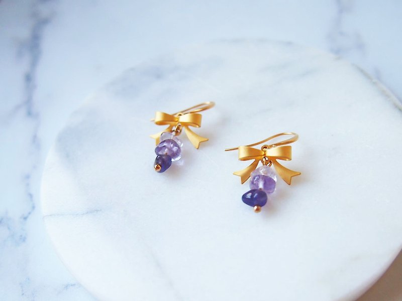 Anniewhere | Handmade natural stone earrings | Mist gold bow amethyst (clampable) - Earrings & Clip-ons - Gemstone Purple
