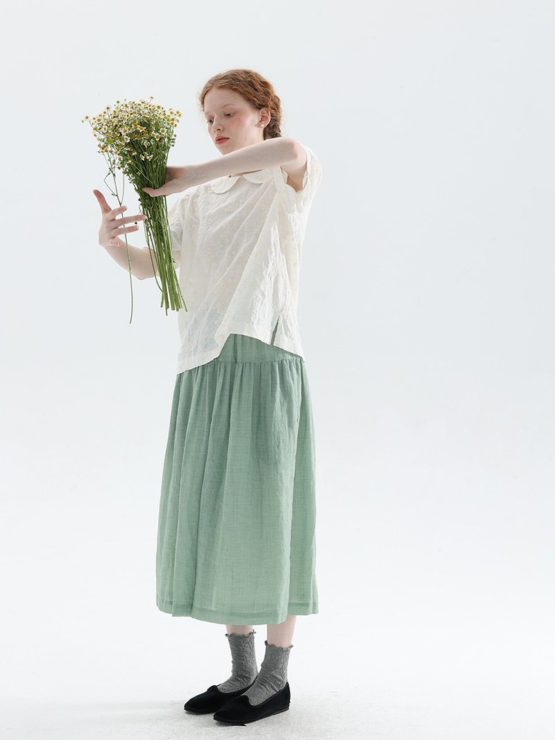 Resurrection style elastic waist two-sided wear fresh bean green plaid Linen and linen skirt summer skirt - กระโปรง - ผ้าฝ้าย/ผ้าลินิน สีเขียว