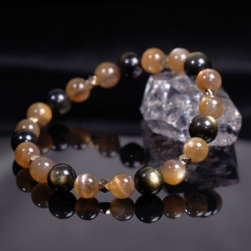 Sun Stone black gold obsidian natural crystal bracelet 14K gold bracelet bracelet customized packages customized gift - Bracelets - Crystal 