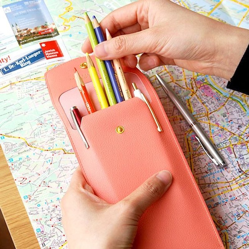 PLEPIC - Faux leather buckle pencil case - coral powder, PPC93570 - กล่องดินสอ/ถุงดินสอ - หนังเทียม สึชมพู