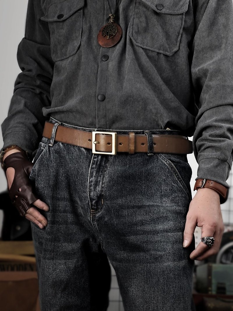 Handmade Genuine Leather Men's Belt Casual Cowhie 3.8cm Copper Buckel Belt - เข็มขัด - หนังแท้ สีนำ้ตาล