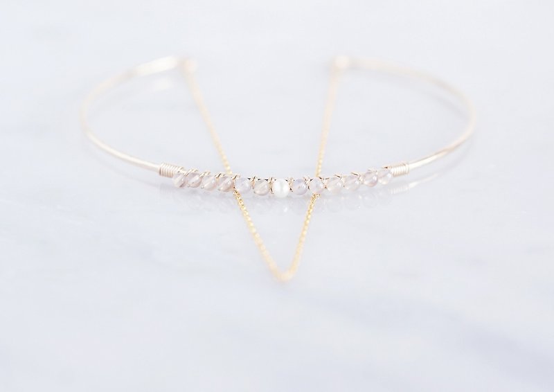 【14KGF】Hammered Open Chain Wire Bangle-PearlxGreyOnyx- - Bracelets - Gemstone Gold