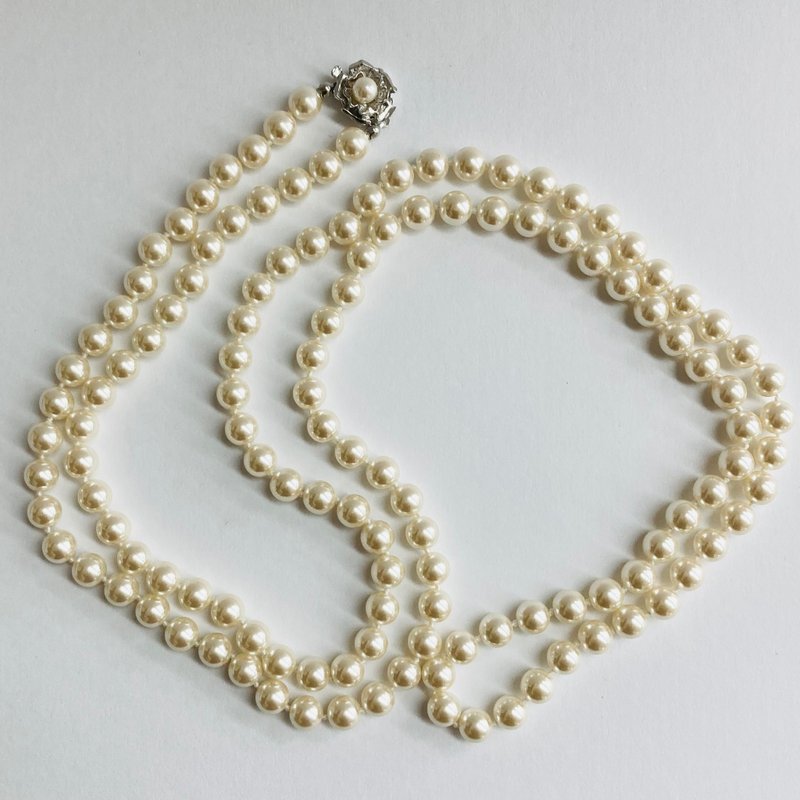 Glass pearl 3-way all-knot long necklace/8mm approx. 120cm/Lt. cream/R/made in Japan - Necklaces - Glass White