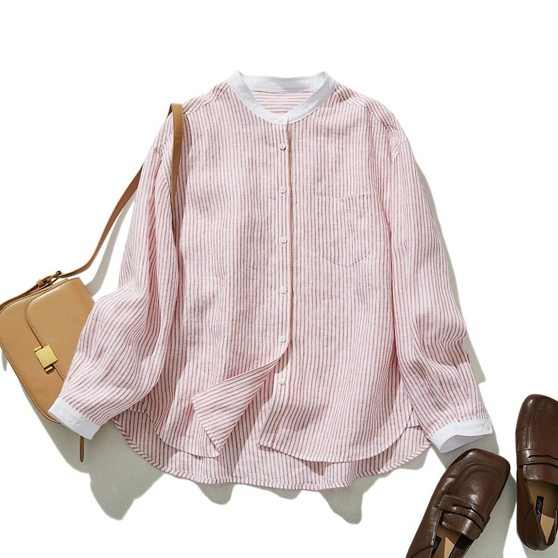 A loose-fitting striped shirt with a sophisticated look in white and red 240313-1 - Women's Shirts - Cotton & Hemp Pink