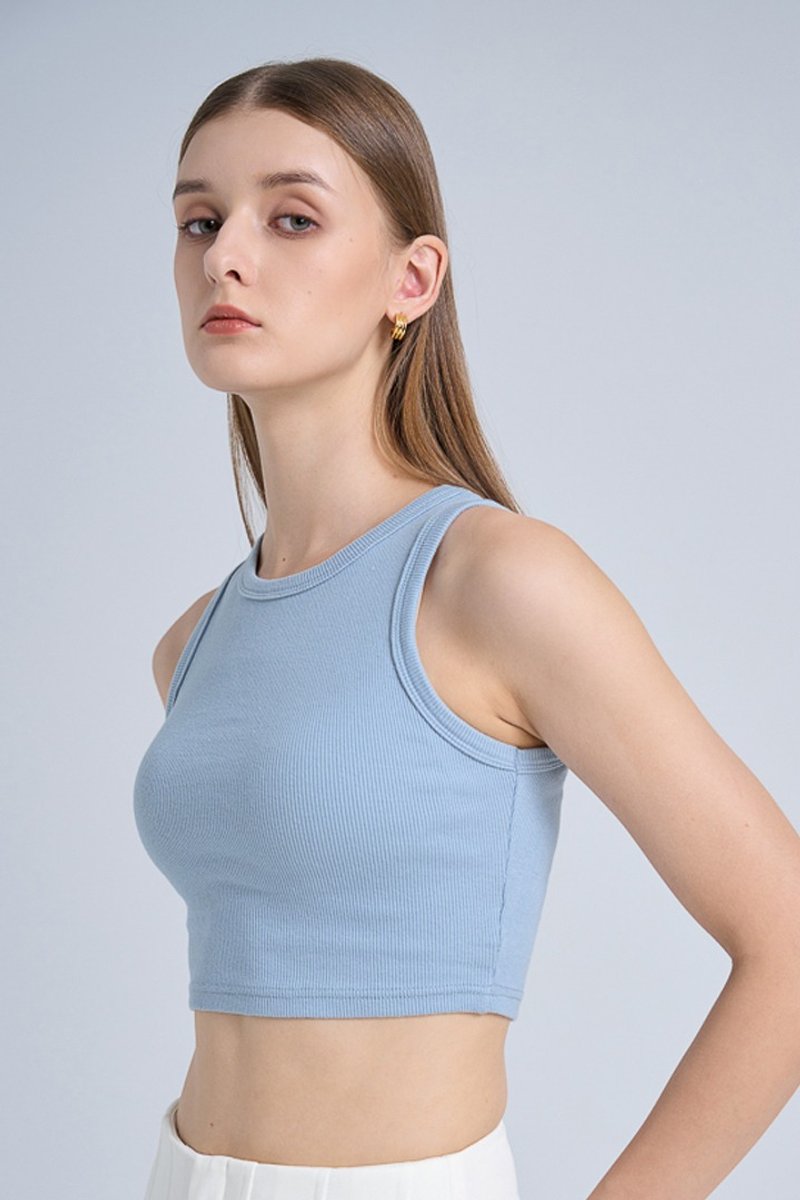 Classic Ribbed Crop Top - Blue | 包覆羅紋削肩背心 - 藍 - 背心/無袖上衣 - 棉．麻 藍色