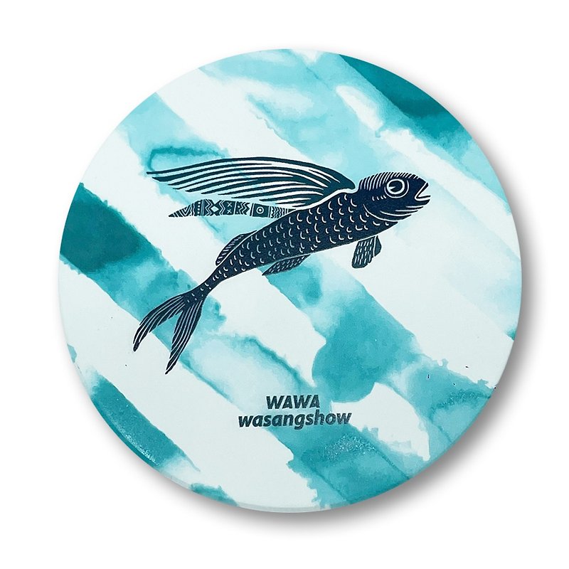 【森林動物系列】海洋WAWA飛魚陶瓷吸水杯墊 - 杯墊 - 陶 藍色