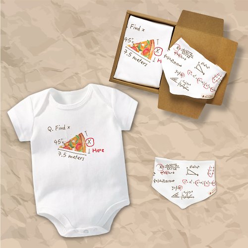 孩子陪你趣味童裝製造所 天才數學寶寶 短袖包屁衣白 三角巾禮盒 白 嬰兒 禮物