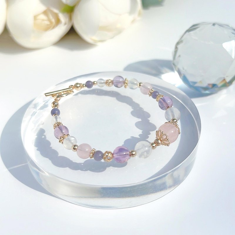 Rose quartz, moonstone, amethyst, Stone, 14K gold-filled crystal bracelet | Love luck, popularity, academics - สร้อยข้อมือ - คริสตัล สีทอง