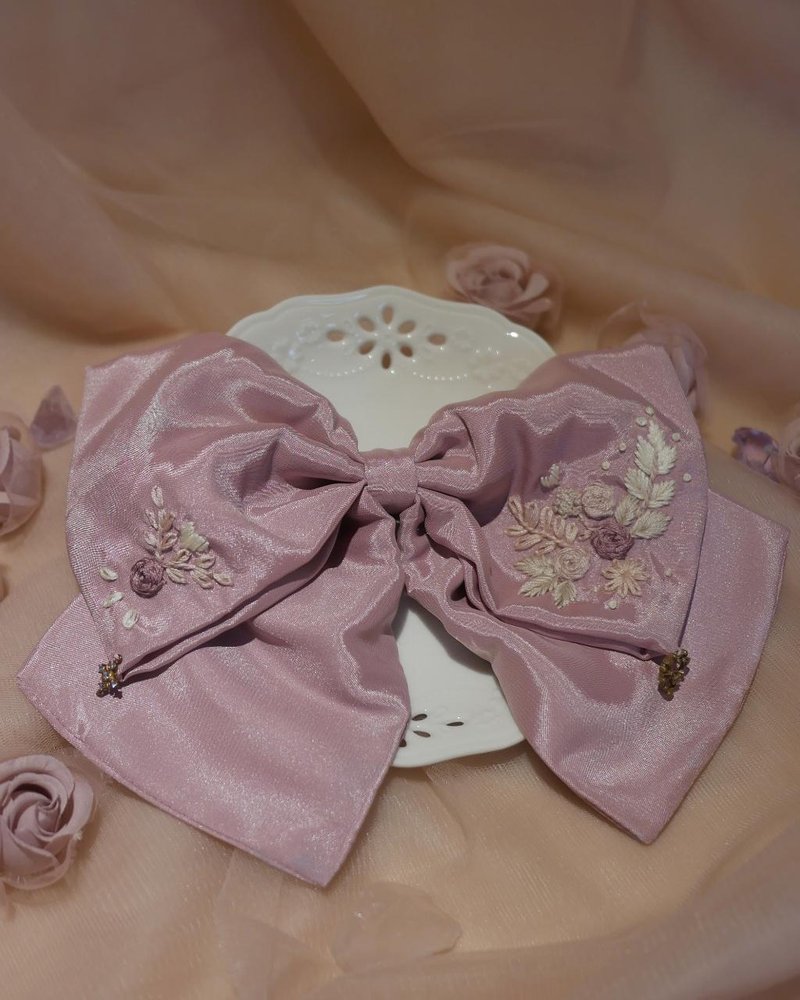 Winter Enchanted Hand Embroidered Bow - Sakura - Hair Accessories - Polyester Pink