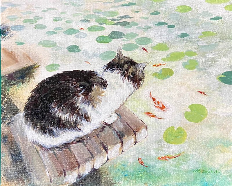 Kitten by the Pond/ Acrylic Painting/Canvas Board (3F 27x22cm) - Posters - Cotton & Hemp 