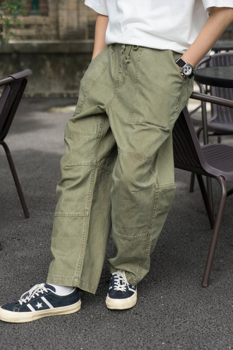 Pants Vintage復古洗水工裝休閒褲 日系秋冬重磅純色造舊口袋軍褲 - 男長褲/休閒褲 - 棉．麻 綠色