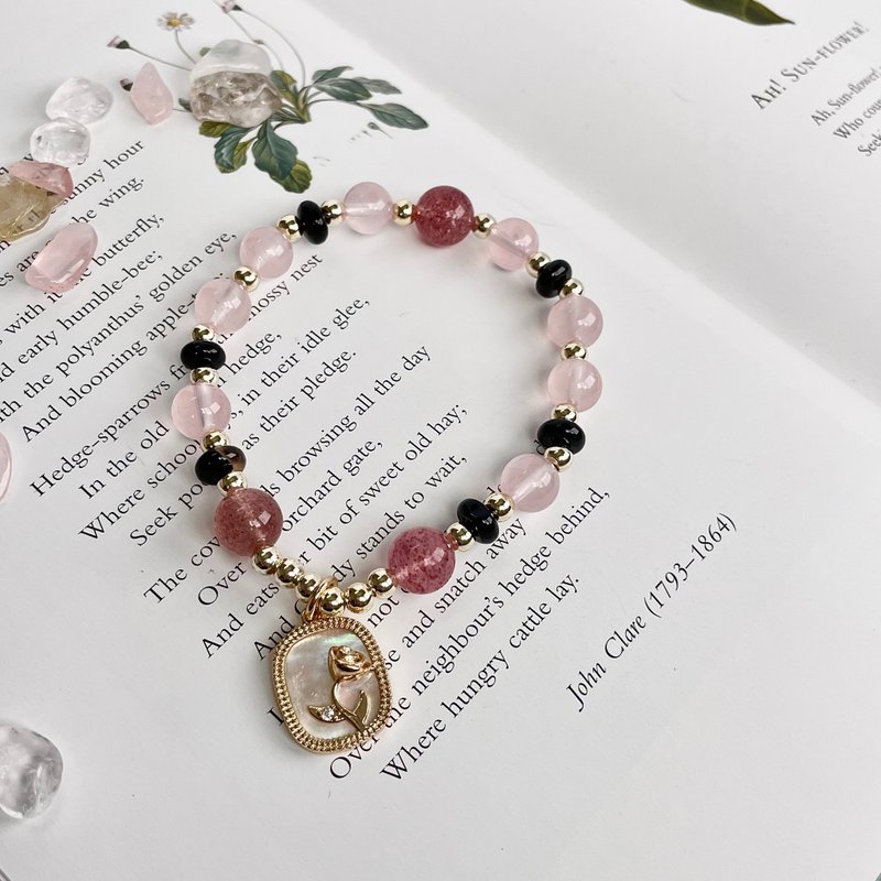 14k gold-filled lucky crystal design pink crystal strawberry crystal black onyx to attract peach blossom gift - สร้อยข้อมือ - คริสตัล หลากหลายสี