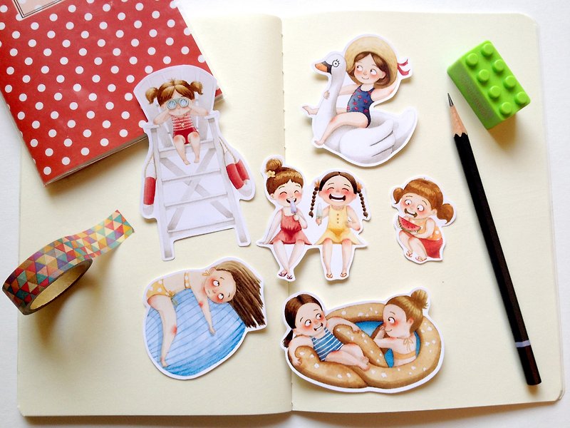 Summer Kids Sticker Pack - 6 Illustrated Watercolor Stickers, Planner Stickers - สติกเกอร์ - กระดาษ หลากหลายสี