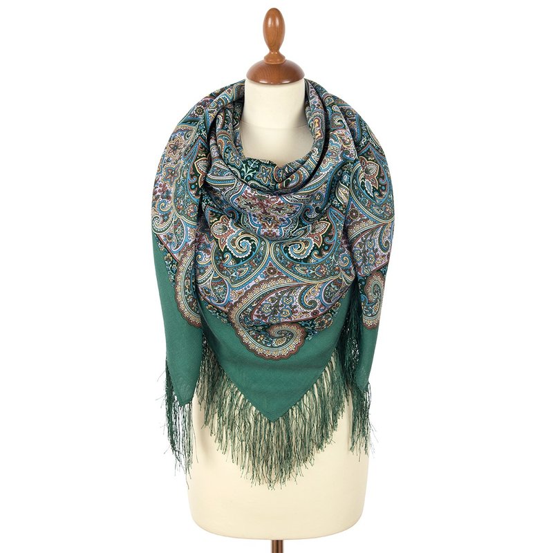 Pavlovo Posad Russian Shawl 100% Wool Scarf 125x125 cm Wrap Silk Fringe 1928-9 - 絲巾 - 羊毛 綠色