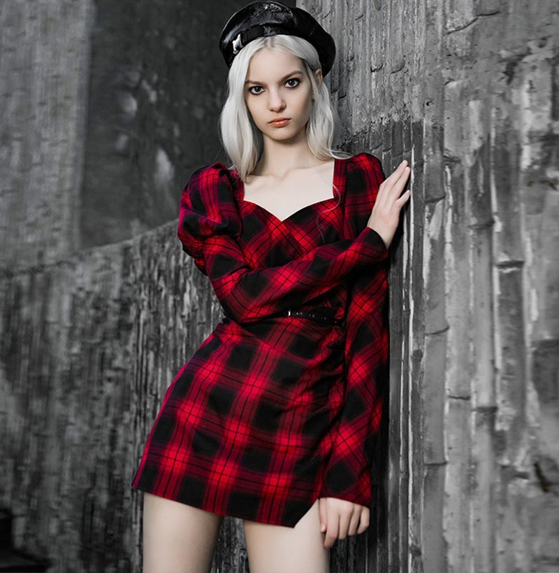 Punk Scottish cotton retro puff sleeve dress/with belt/will be out of print soon - ชุดเดรส - วัสดุอื่นๆ สีแดง