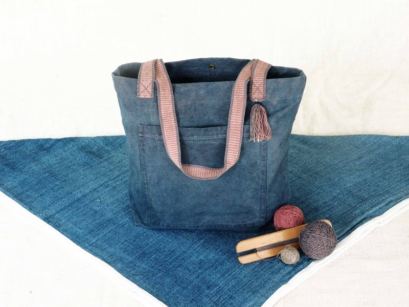 Neon Purple. Stripy straps Indigo dip dyed tote bag. - 側背包/斜背包 - 棉．麻 紫色