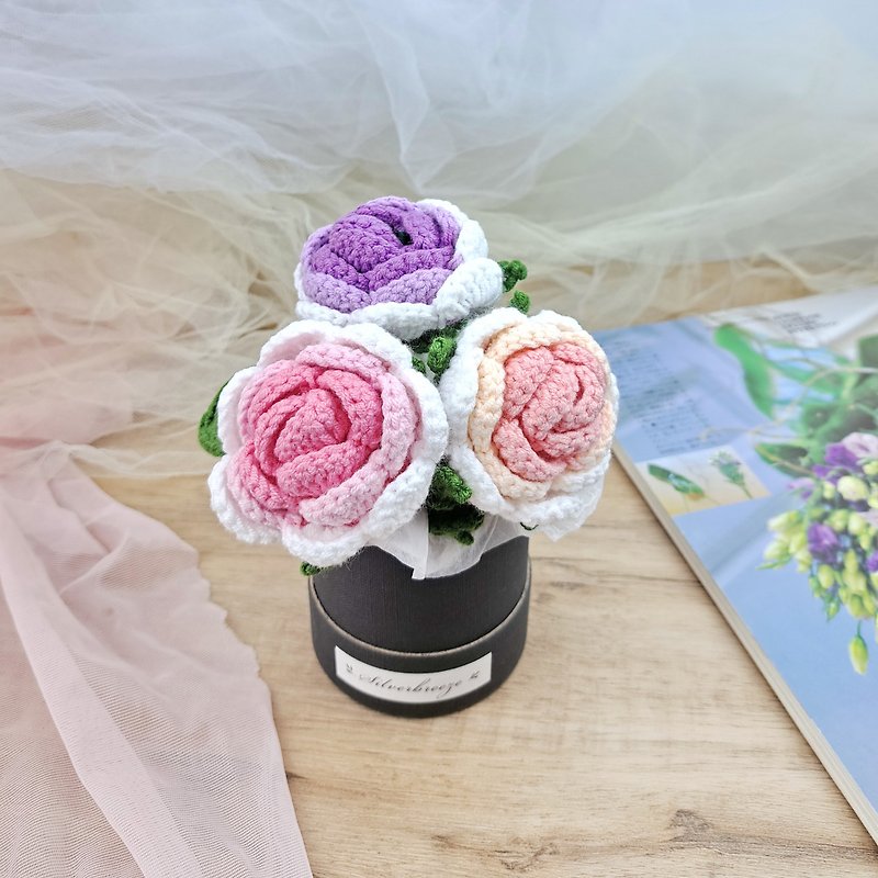 Customized Symphony Rose Hand Crochet Pot Flower Hand-woven Flower Birthday Gift Bouquet Valentine's Day CR029 - Items for Display - Polyester Pink