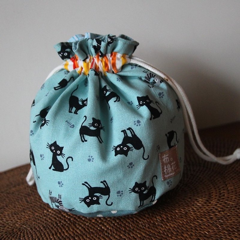 Cotton Fabric: Bunched bag, Storage bag, Toiletry Bag, Makeup Pouch, Cosmetic Pouch, Cosmetic Bag, Tiffany Blue, black cat - Toiletry Bags & Pouches - Cotton & Hemp Blue