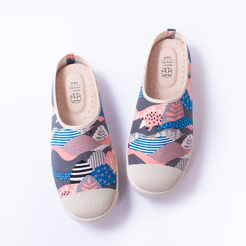 Slip-on casual shoes with Japanese fabrics Leather insole backless shoe - รองเท้าลำลองผู้หญิง - ผ้าฝ้าย/ผ้าลินิน สึชมพู