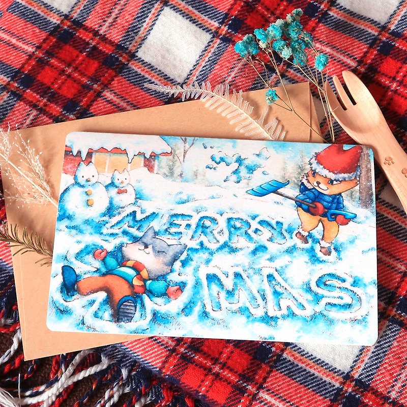 【Pin】雪天使│印刷水彩插畫│聖誕卡│附自選顏色信封 - 心意卡/卡片 - 紙 藍色