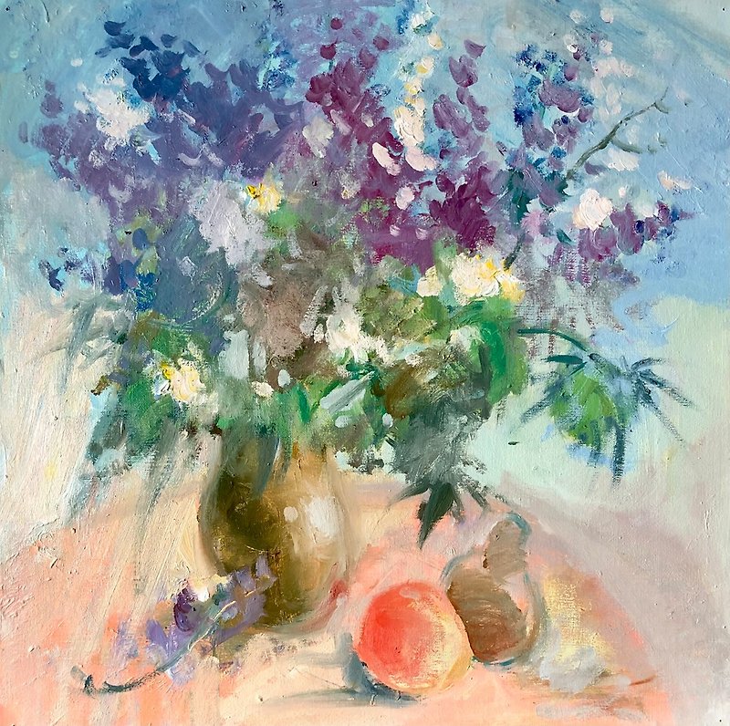 Summer flowers painting, oil on canvas, still life, blue meadow flowers in vase. - โปสเตอร์ - ผ้าฝ้าย/ผ้าลินิน 