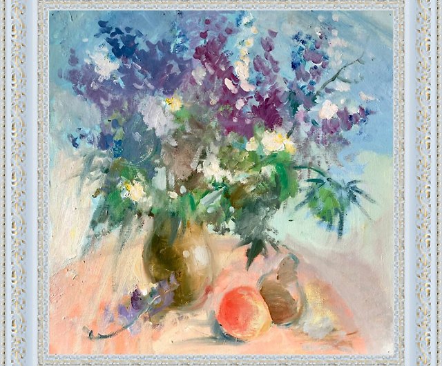 夏の花の絵、キャンバスに油絵、静物、花瓶に青い草原の花